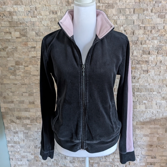 New York Laundry Tops - Vintage Y2K Black Velour Track Jacket Pink Stripes Fitted Zip Up
